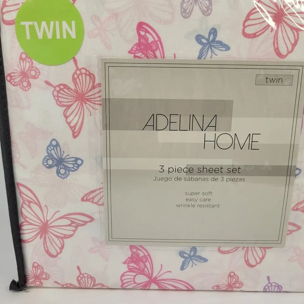 Pink Purple Blue White Butterflies 3 pc Twin Sheets Set Girls Butterfly Spring